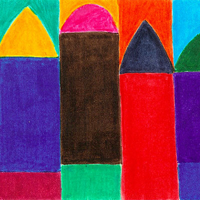 Dibujo en rotulador de torres de colores sobre Itaca