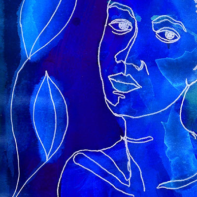 Fragmento acuarela de mujer y hojas en azules