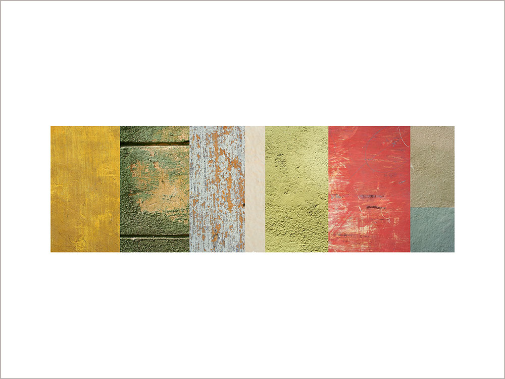 Collage con texturas fotográficas, composición en forma rectangular, colores rojos, ocres y verdes.