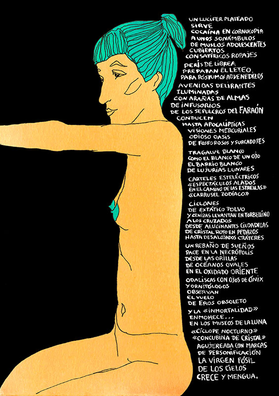 Ilustración de desnudo de chica joven con un poema de Mina Loy escrito al lado. Colores blanco, negro, naranja y verde.