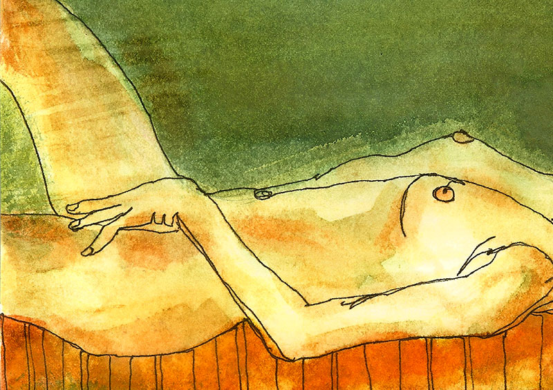 Acuarela del cuerpo de una mujer desnuda, tumbada y acariciándose. Colores amarillos, naranjas y verdes.