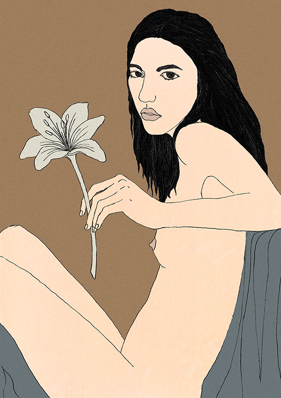 Ilustración de una joven desnuda con una azucena en la mano.