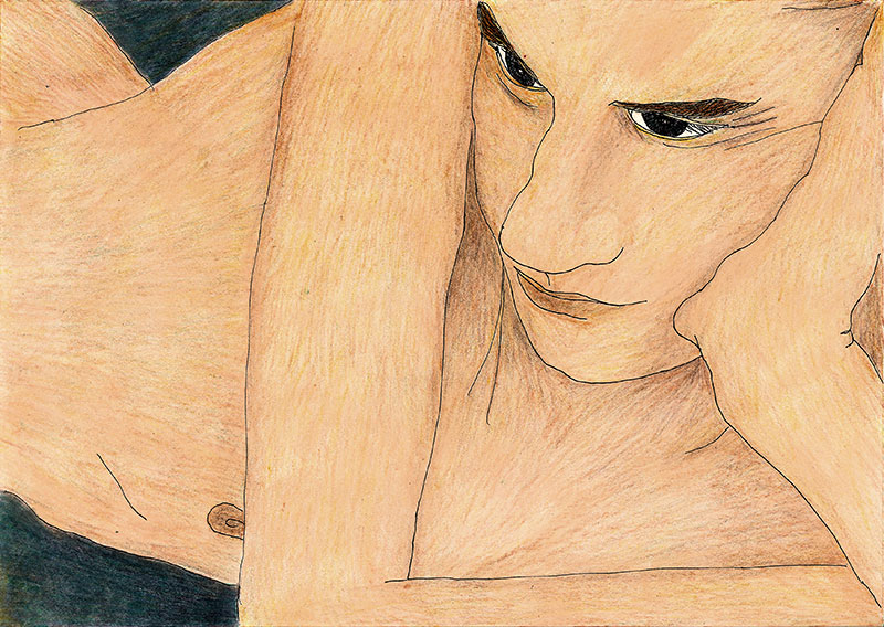 Dibujo de un joven desnudo tumbado en el suelo y con la cabeza reposando sobre su mano.