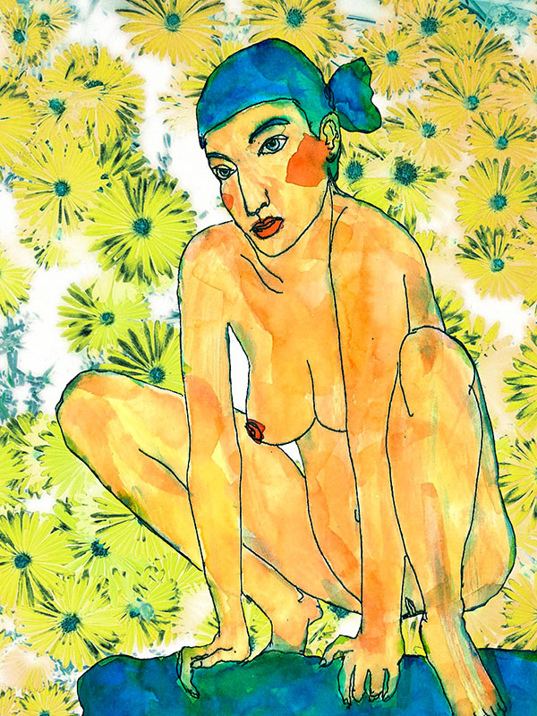 Dibujo de una ninfa desnuda y en cuclillas, con el pelo azul y sobre un fondo de margaritas.