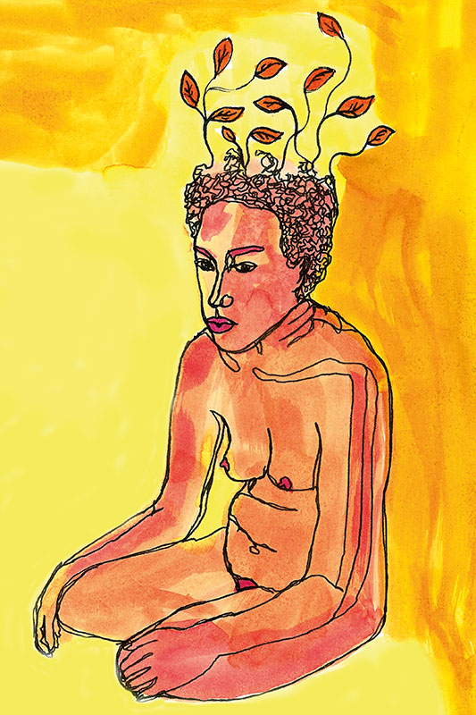 Acuarela de mujer desnuda sentada, brotan ramas de su pelo rizado. Colores amarillos, naranjas y rojos.