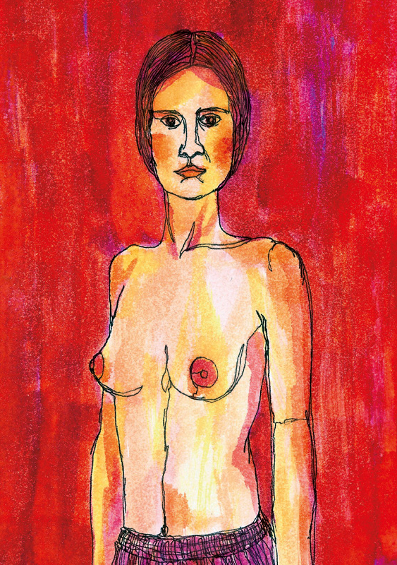 Dibujo con acuarela de una mujer desnuda sobre fondo rojo.