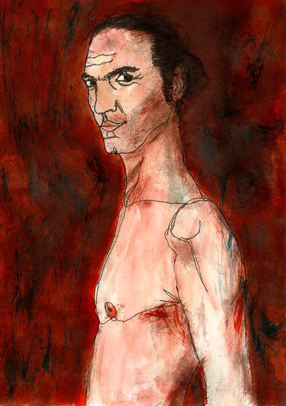 Acuarela del torso de un hombre desnudo sobre fondo rojo.