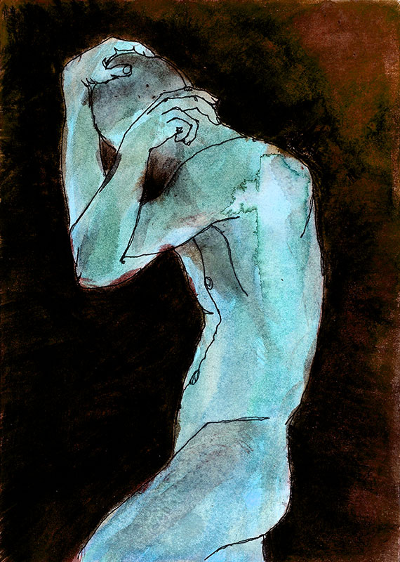 Acuarela de hombre desnudo que se cubre la cara, en colores azul, negro y ocre.
