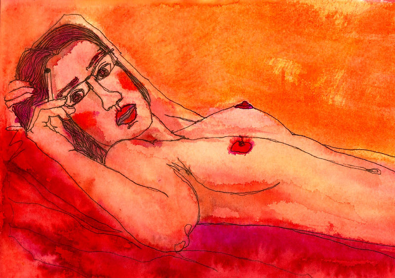 Dibujo de una mujer desnuda, tumbada y fumando, con colores rojos y naranjas.