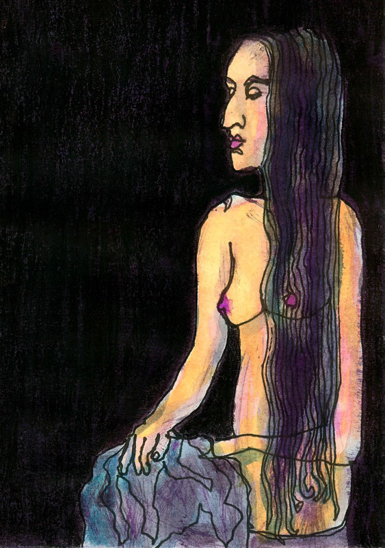 Acuarela de mujer desnuda de perfil, con cabellos largos y sobre fondo negro.