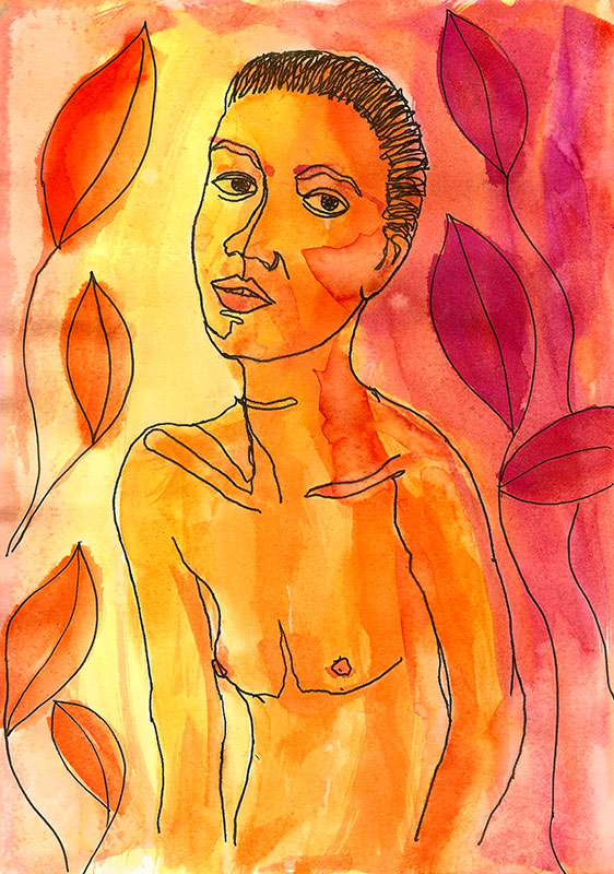 Dibujo de una chica africana con hojas, en colores rojos, naranjas y amarillos.