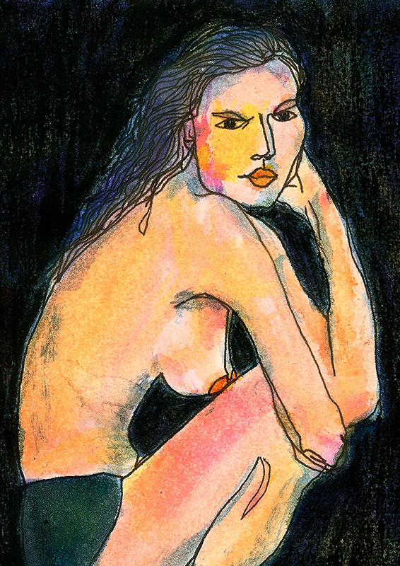Acuarela de mujer semidesnuda, en cuclillas, sobre fondo negro. Colores amarillos, rosas y negros.