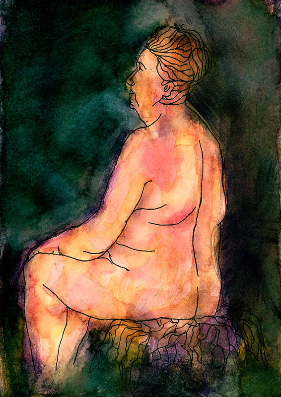 Acuarela de mujer mayor y gruesa desnuda. Rosa, verde y negro.