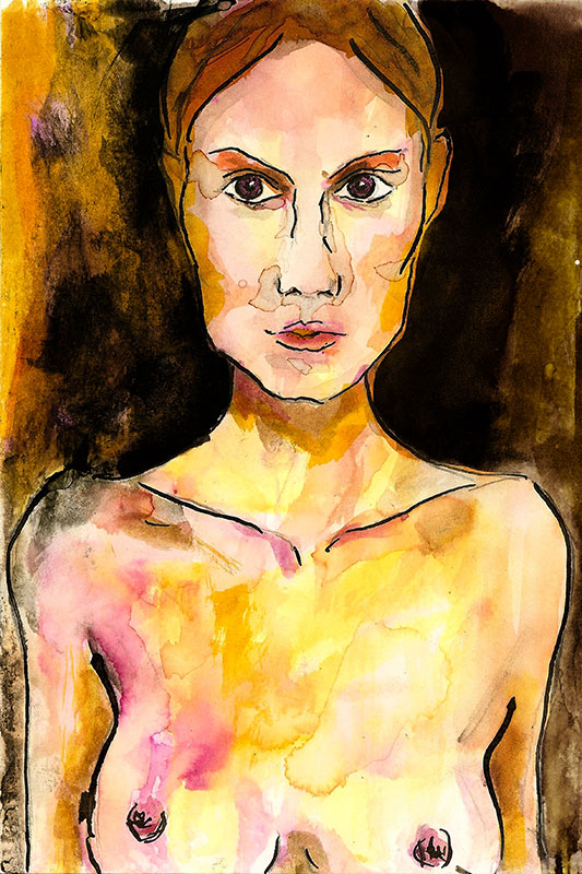 Retrato con acuarela y técnica digital del torso de una mujer desnuda, su actitud demuestra fuerza y resiliencia. Colores amarillos, naranjas, rosas y negros.