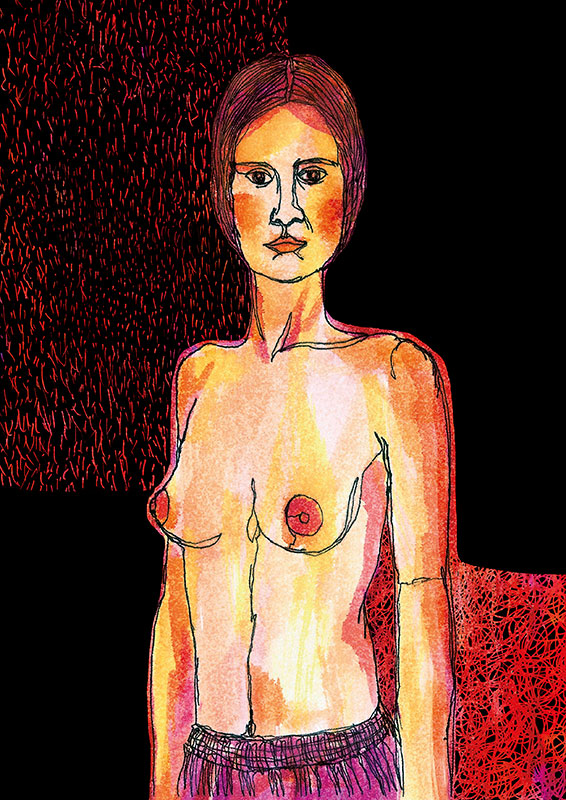 Dibujo con rotulador, acuarela y técnica digital del torso de una mujer desnuda, sobre fondo negro y con texturas rojas.