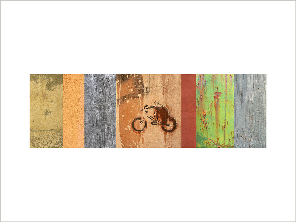Collage con texturas fotográficas, composición en forma rectangular, colores ocres, grises y verdes.