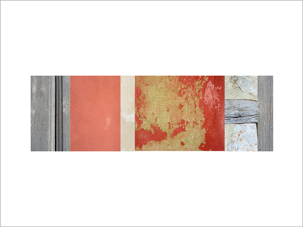 Collage con texturas fotográficas, composición en forma rectangular, colores grises y rojos.