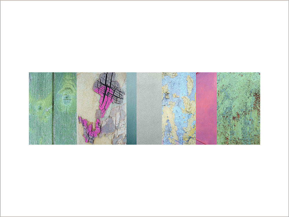 Collage con texturas fotográficas, composición en forma rectangular, colores rosas y verdes.
