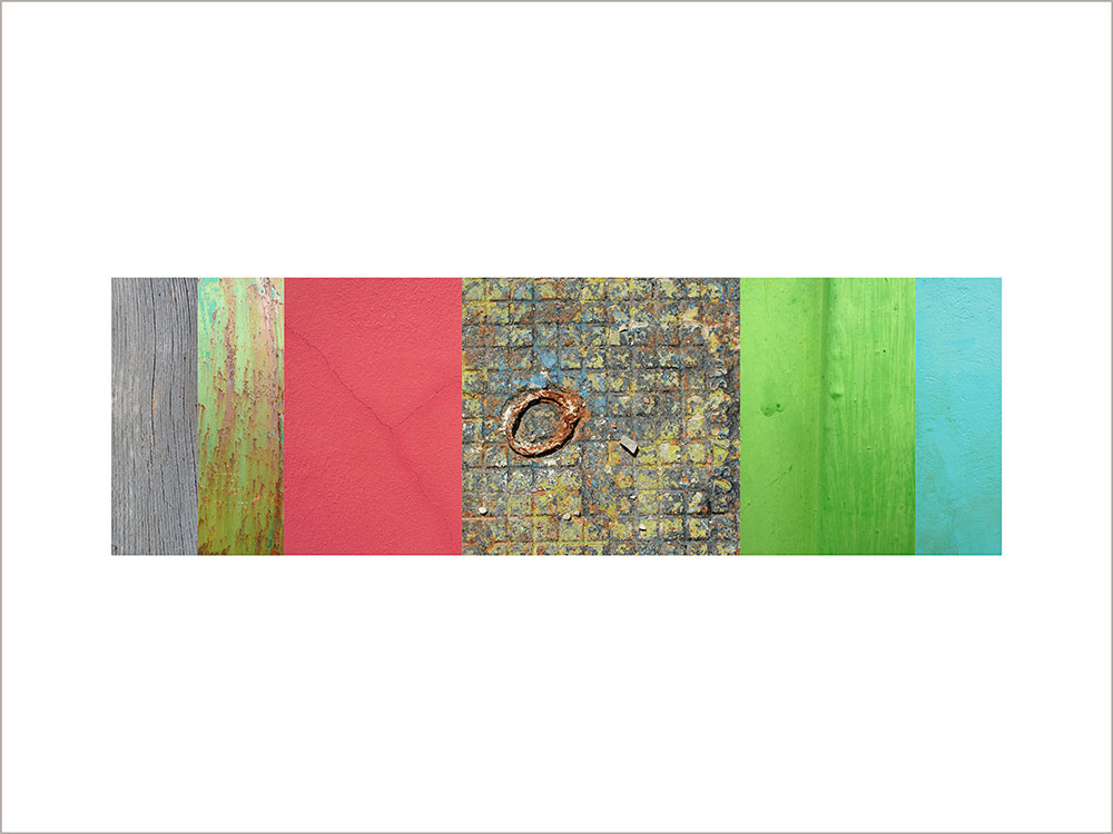 Collage con texturas fotográficas, composición en forma rectangular, colores verdes, rojos y grises.