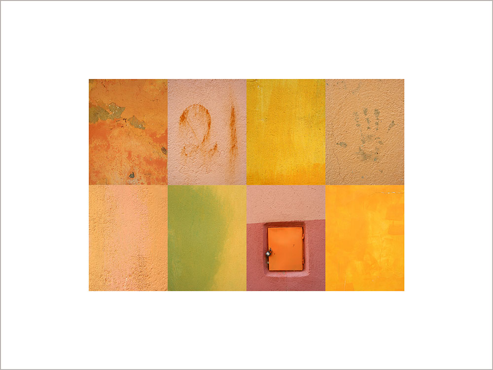Collage con texturas fotográficas, composición en forma rectangular, colores naranjas, amarillos y verdes.