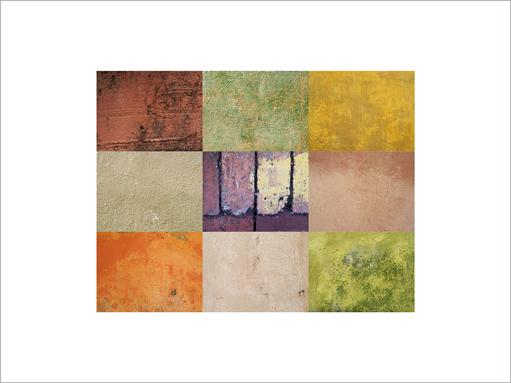 Collage con texturas fotográficas, composición en forma rectangular, colores ocres y verdes.