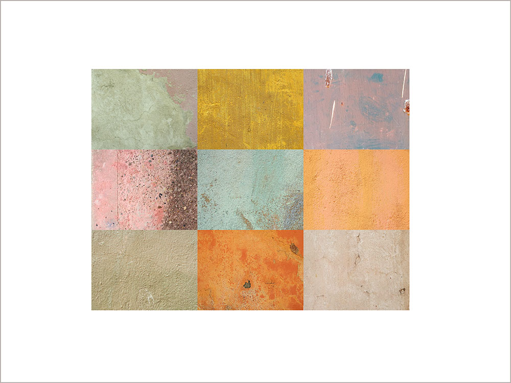 Collage con texturas fotográficas, composición en forma rectangular, colores rosas, naranjas, y verdes.