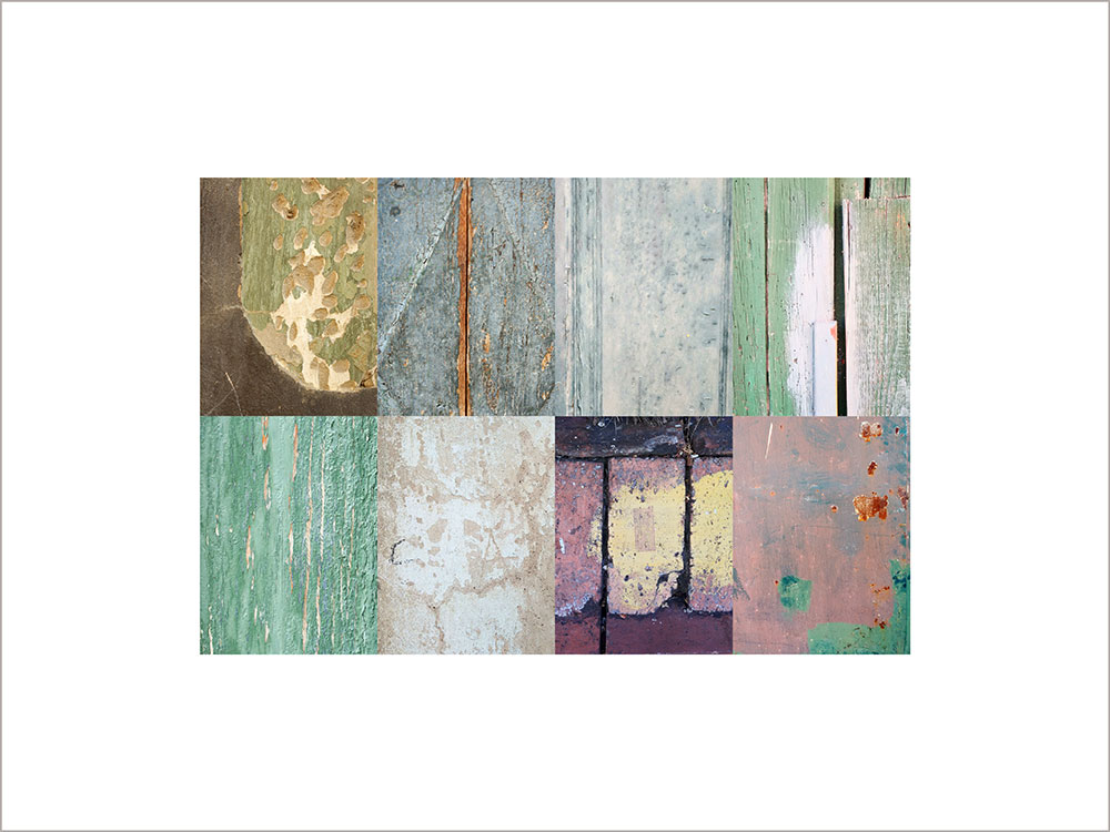 Collage con texturas fotográficas, composición en forma rectangular, colores ocres, rosas, grises y verdes.