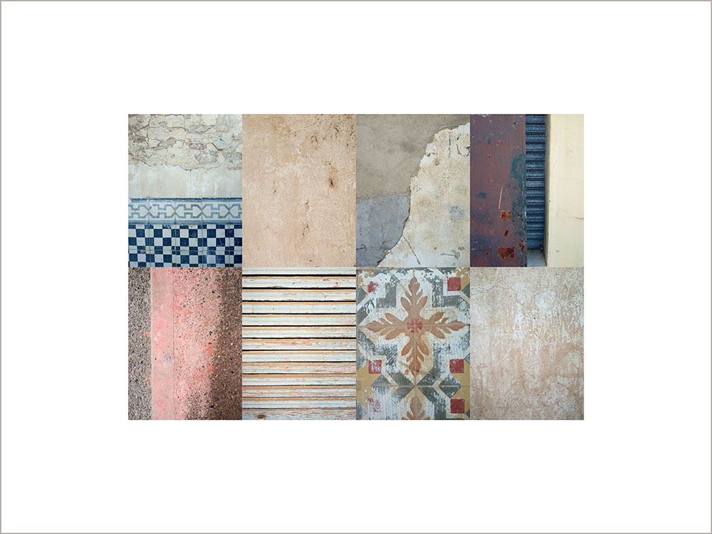 Collage con texturas fotográficas, composición en forma rectangular, colores ocres, grises y rosas.
