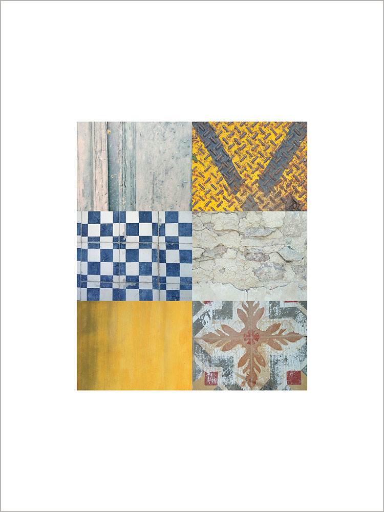 Collage con texturas fotográficas, composición en forma rectangular, colores amarillos, grises y azules.
