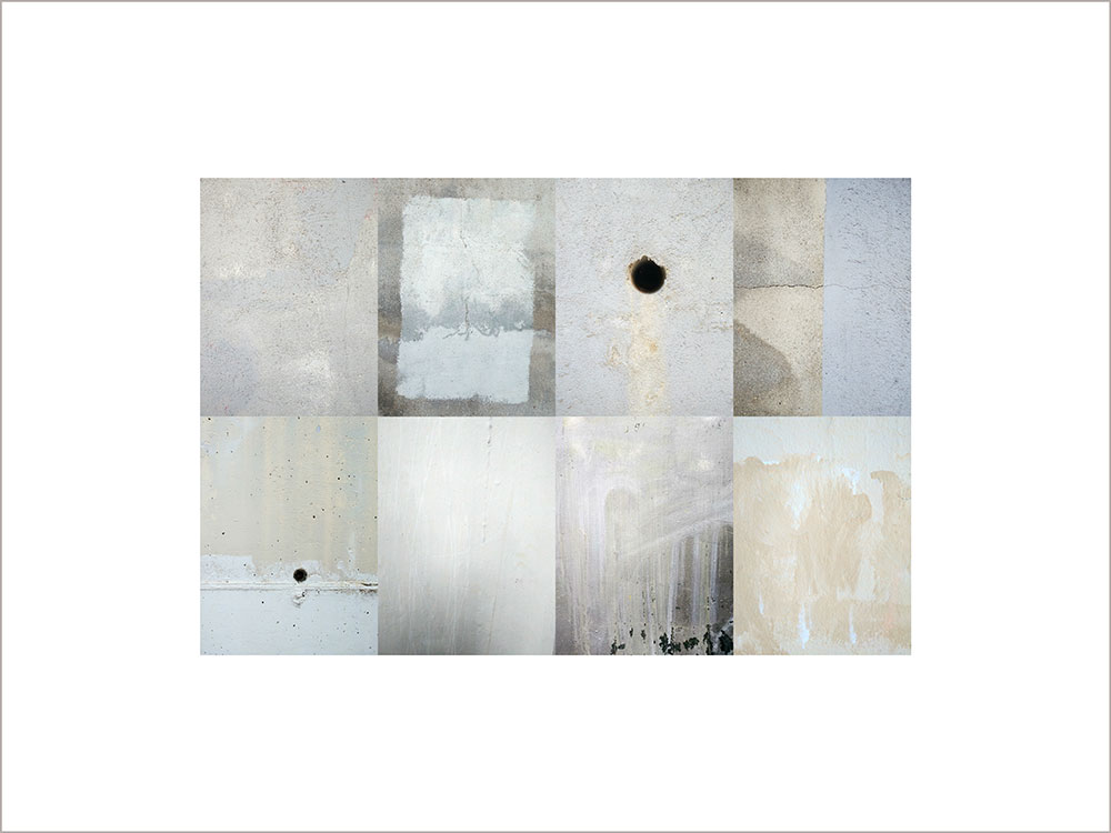 Collage con texturas fotográficas, composición en forma rectangular, diferentes tonos de grises.