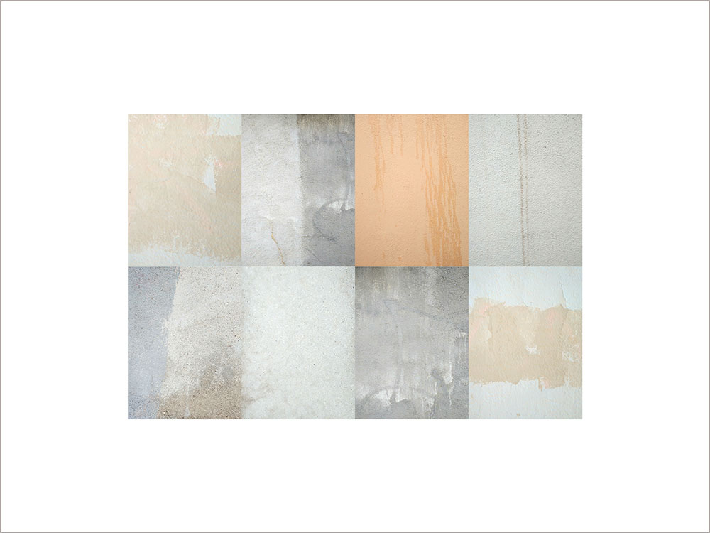 Collage con texturas fotográficas, composición en forma rectangular, colores salmón y grises.