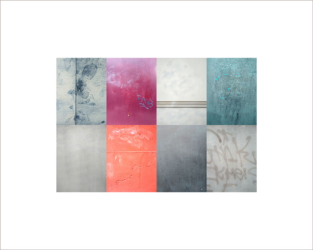 Collage con texturas fotográficas, composición en forma rectangular, colores grises, rosas y verdes.