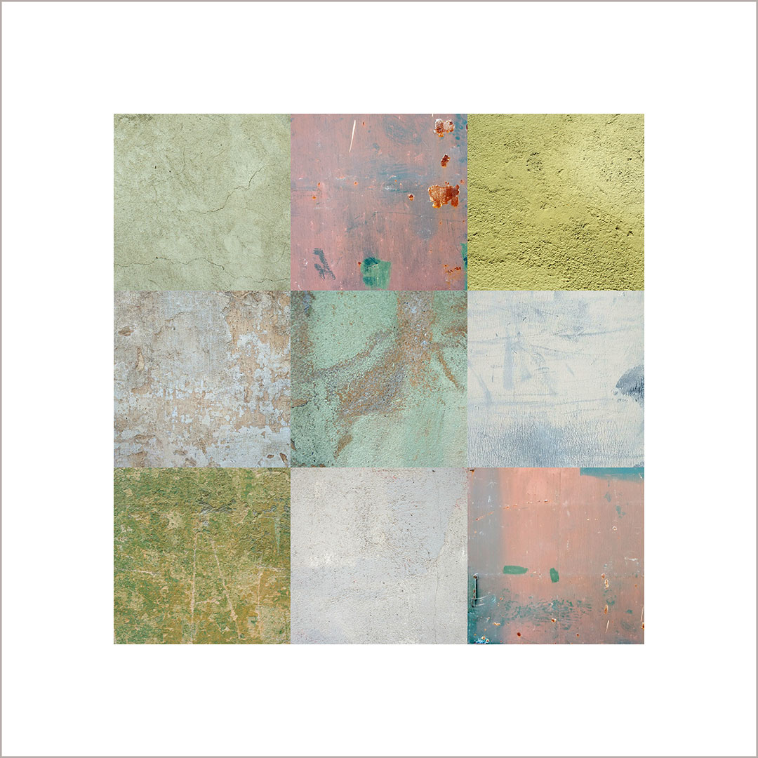 Collage con texturas fotográficas, composición en forma cuadrada, colores rosas, grises y verdes.