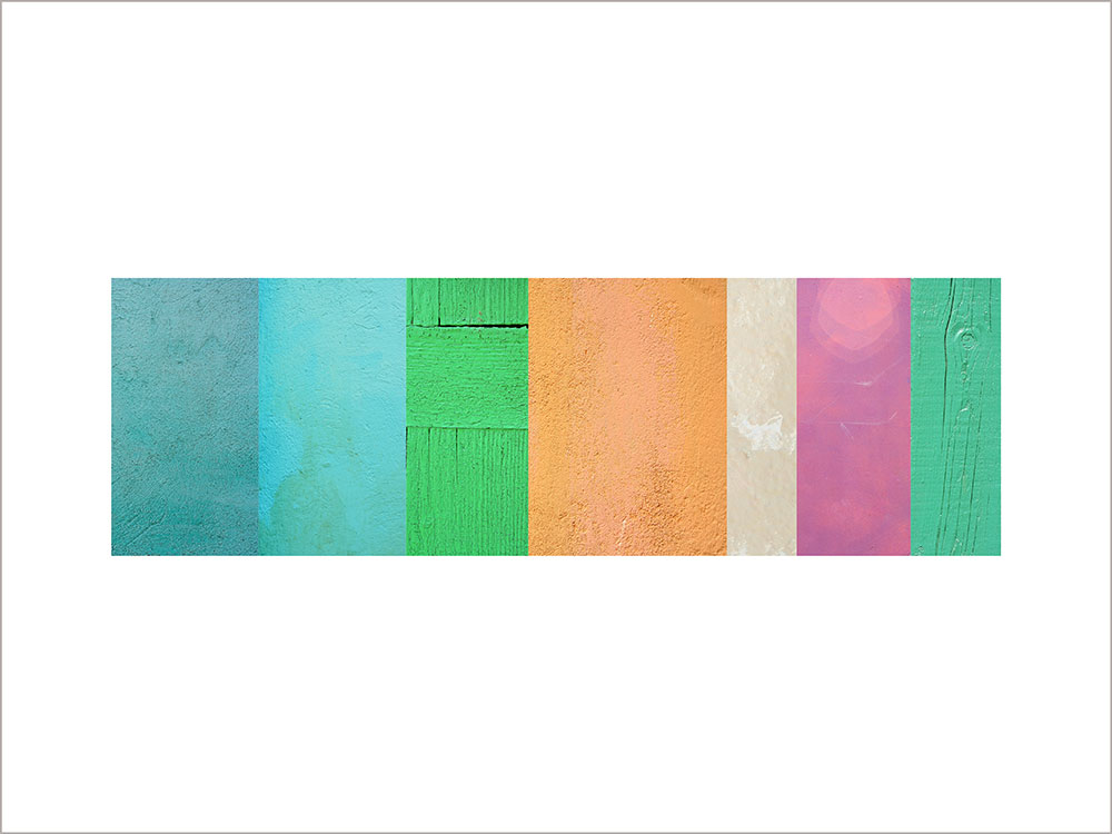 Collage con texturas fotográficas, composición en forma rectangular, colores rosas, naranjas y verdes.