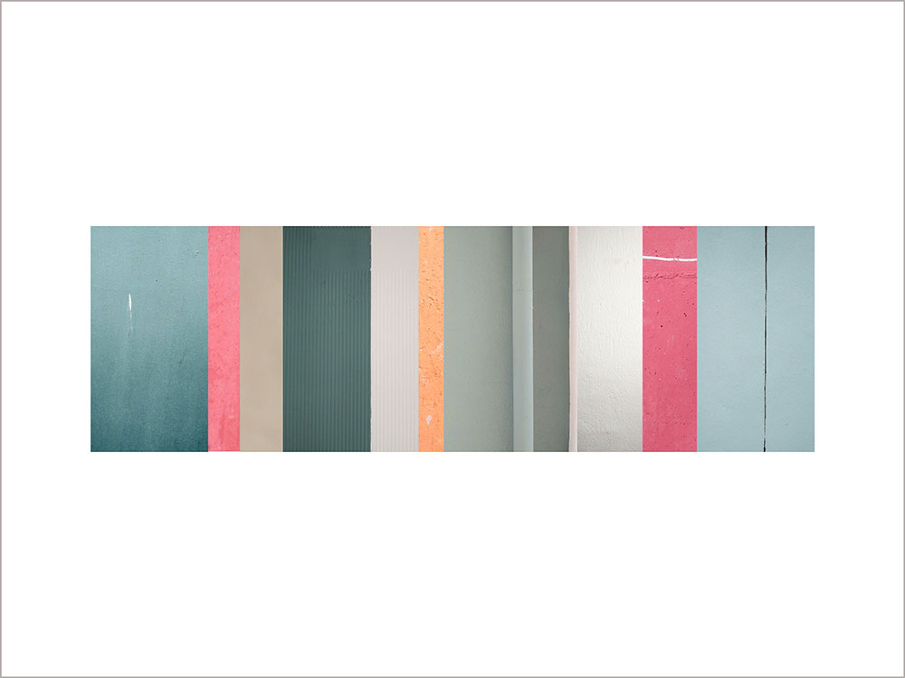 Collage con texturas fotográficas, composición en forma rectangular, colores rosas, verdes, y grises.