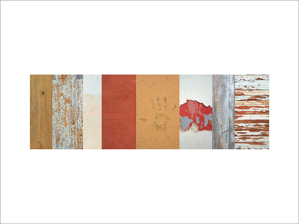 Collage con texturas fotográficas, composición en forma rectangular, colores rojos, grises y ocres.