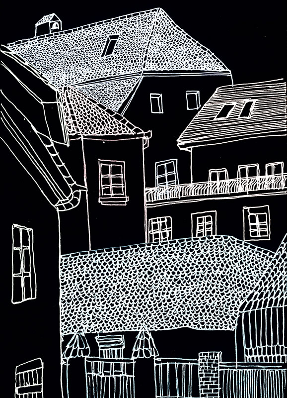 Dibujo de unas casas de pueblo, con línea blanca sobre fondo negro.
