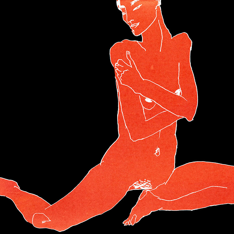 Apunte de mujer desnuda, con línea blanca, cuerpo rojo y fondo negro. Exótica.