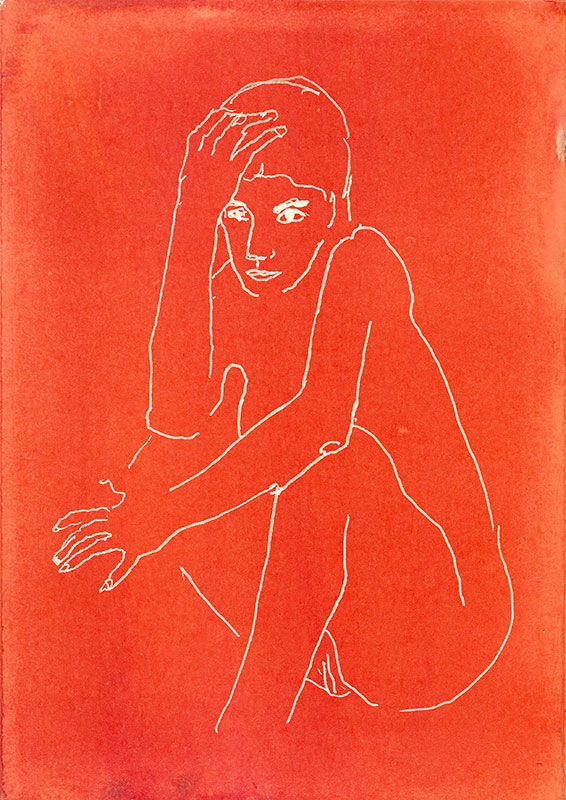 Apunte de mujer desnuda sentada. Arácnida. Línea blanca y fondo rojo.