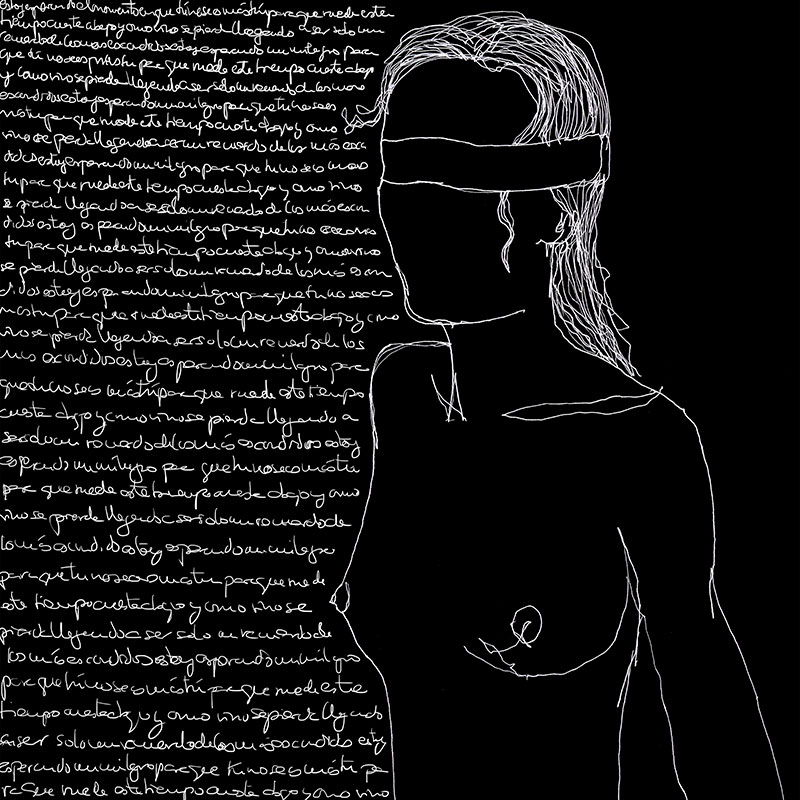 Dibujo con línea blanca sobre fondo negro, de una mujer desnuda con los ojos vendados y un texto manuscrito e ilegible a su lado.