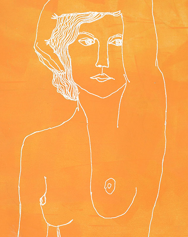 Apunte del torso de una mujer desnuda, línea blanca sobre pintura amarilla.