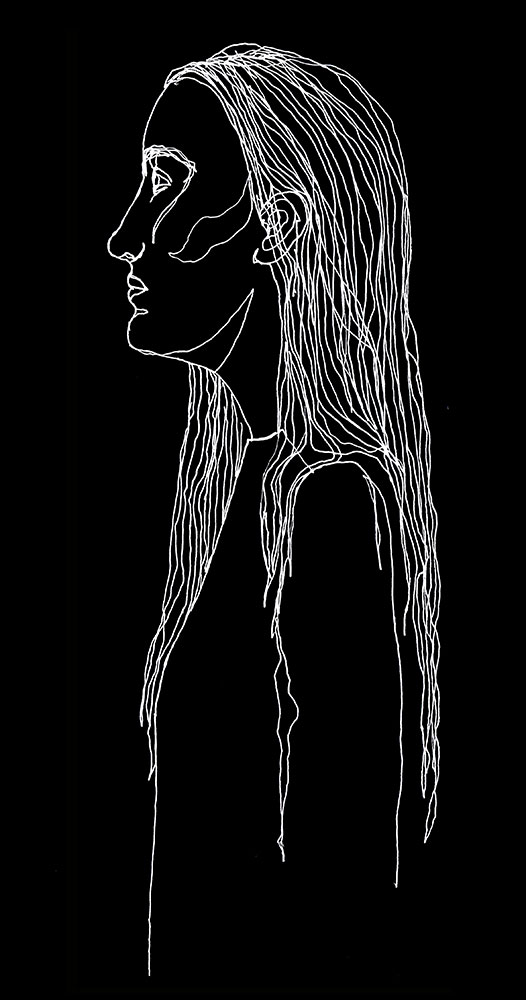 Dibujo de una chica de perfil, con el cabello largo. Línea blanca sobre fondo negro.
