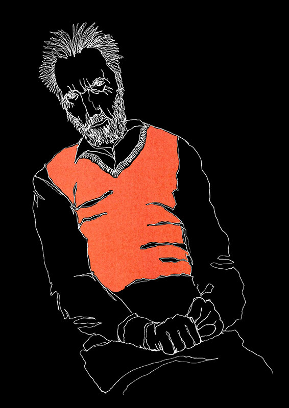 Dibujo de hombre mayor sentado, con barba y un chaleco naranja. Línea blanca sobre fondo negro.