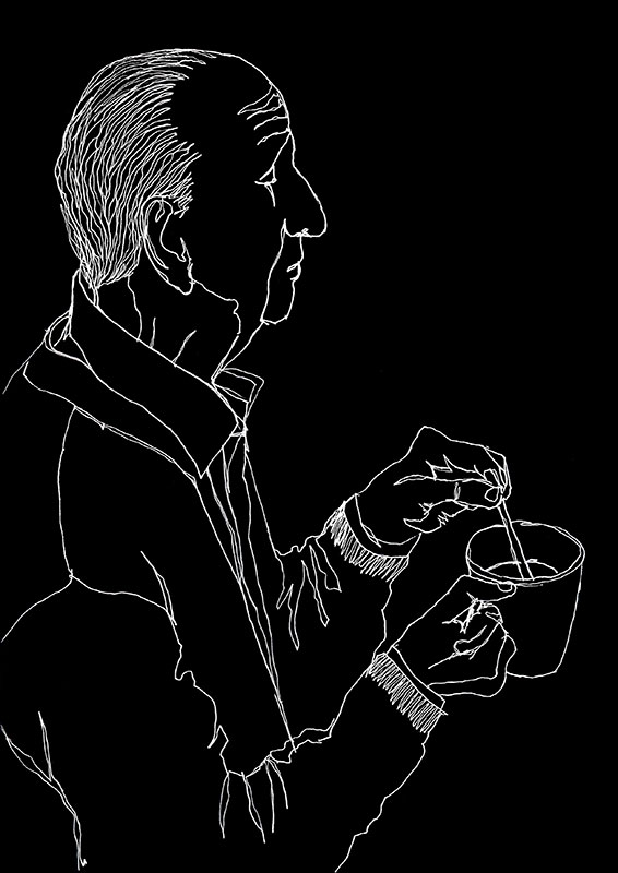 Dibujo de un anciano de perfil, sosteniendo una taza en sus manos. Línea blanca sobre fondo negro.