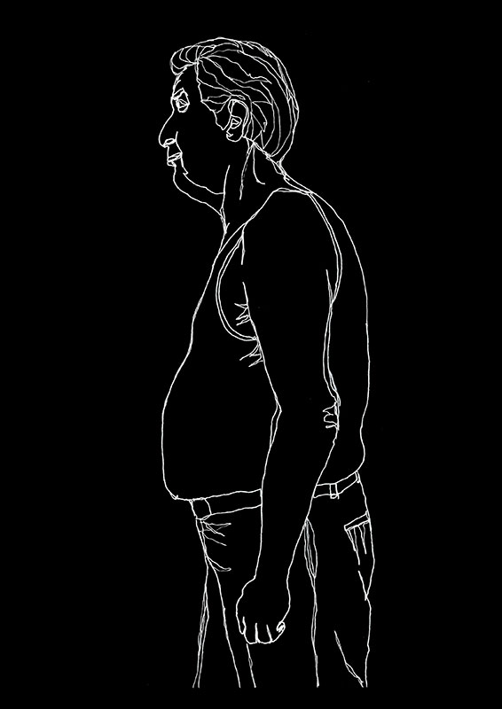 Dibujo de hombre mayor de perfil, con línea blanca sobre fondo negro.