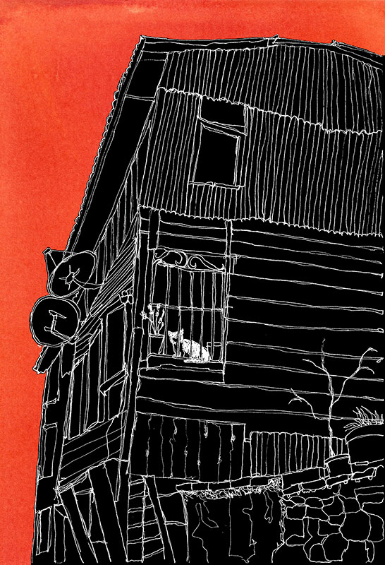 Dibujo de una casa destartalada, con línea blanca sobre negro y un cielo rojo anaranjado. En la ventana de la casa hay una maceta y un gato.