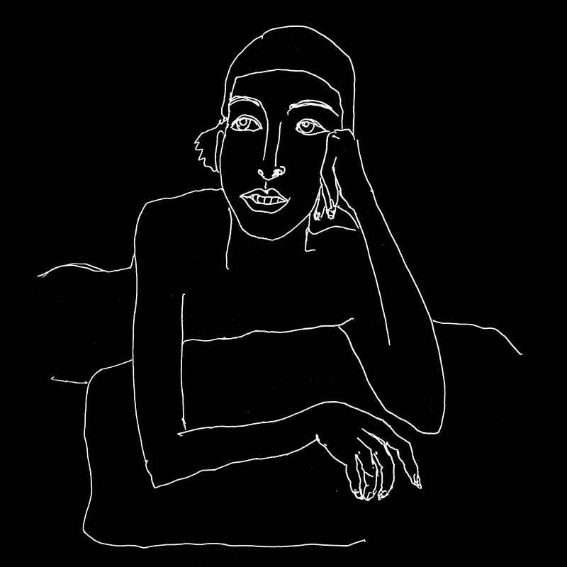 Dibujo de una chica recostada sonriendo. Línea blanca sobre fondo negro.