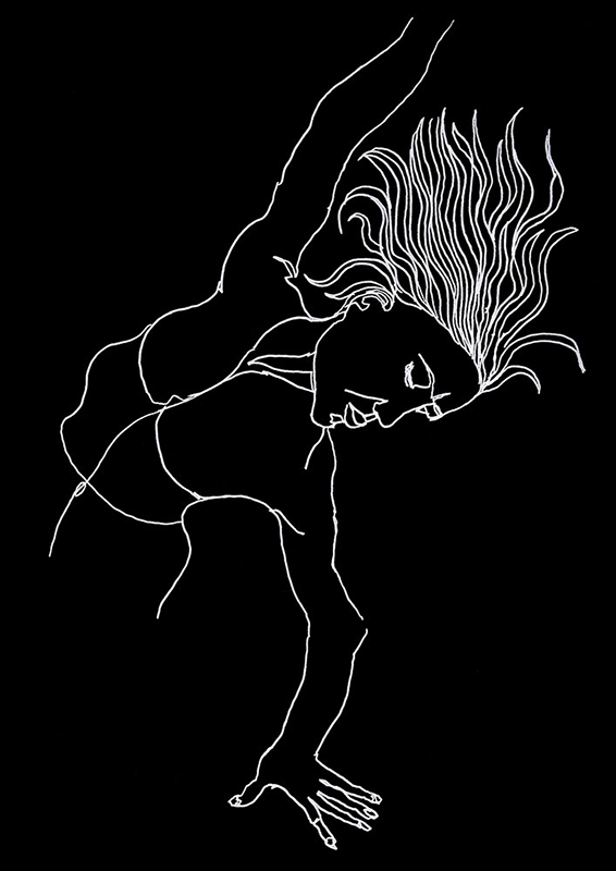 Dibujo de una chica bailando, con línea blanca sobre fondo negro.
