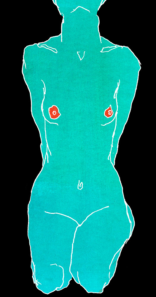 Apunte de mujer desnuda arrodillada, con el cuerpo color turquesa, los pezones rojos y el fondo negro. Hiel.