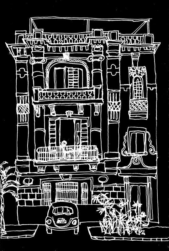 Dibujo de una casa tropical, con línea blanca sobre fondo negro.